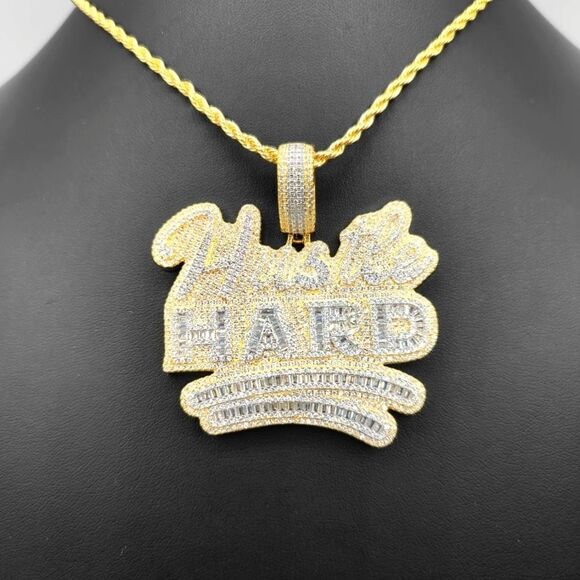 14K Yellow Gold Finish Hustle Hard  - Free 24inch x 3mm Rope Chain. - Picture 5 of 8